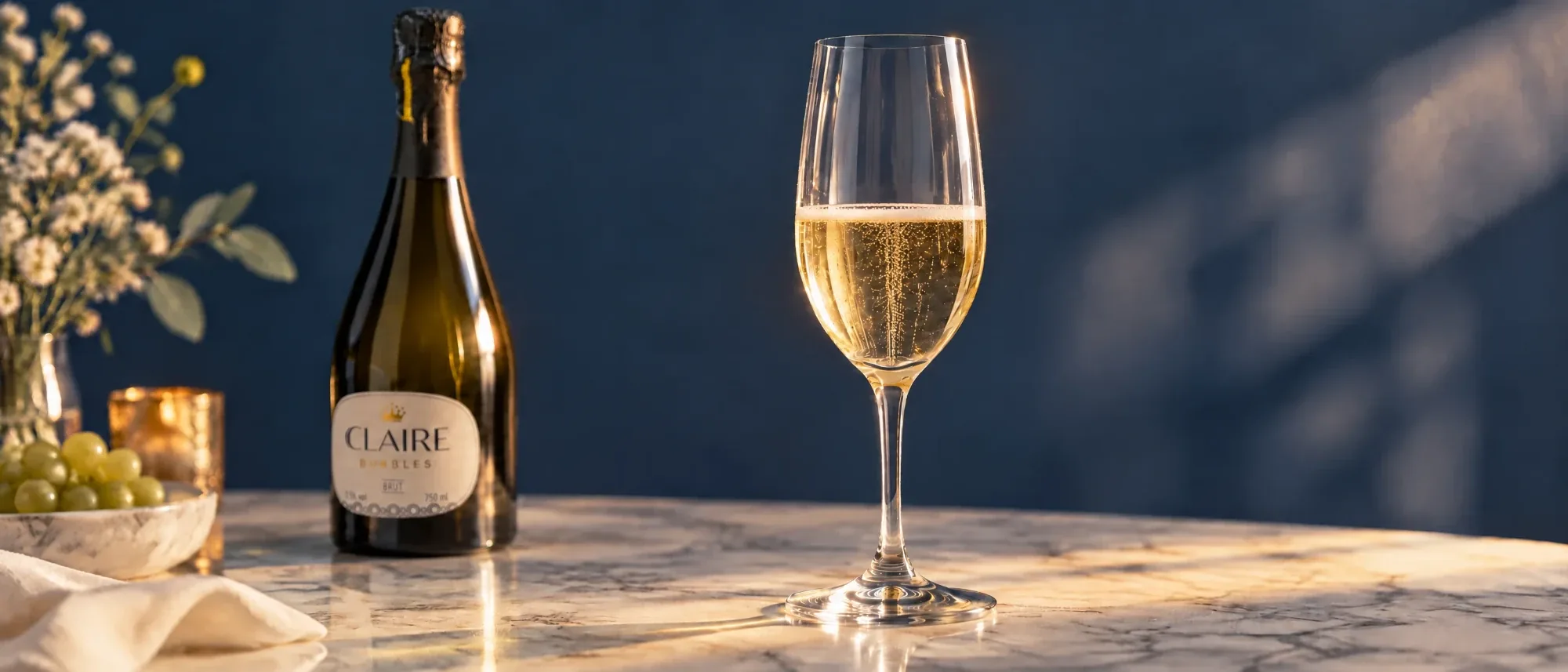 Una copa de Claire Brut sobre mármol, con la botella detrás
