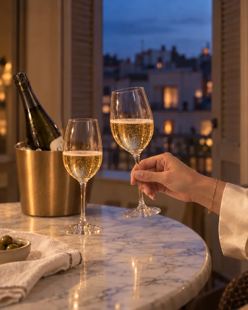 Dos copas de Claire Brut y la botella en una cubitera, al anochecer en un piso de Barcelona