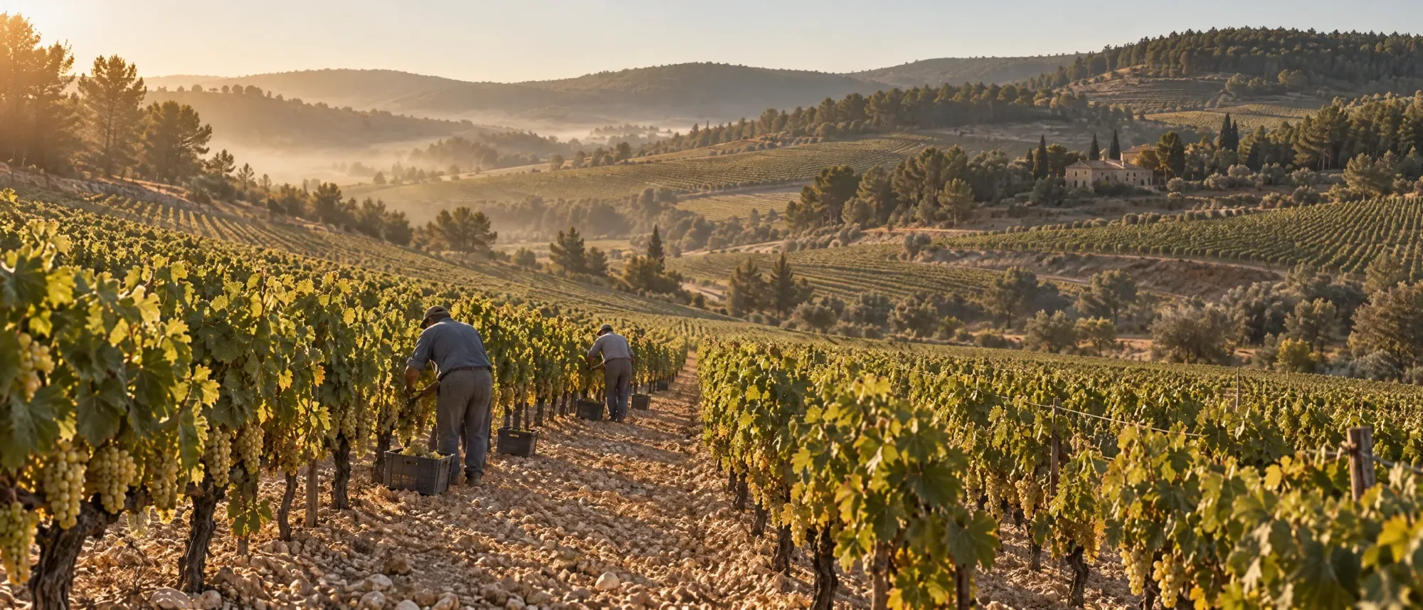 Hileras de viñas en un valle ondulado al amanecer, con dos viticultores vendimiando entre colinas de pinos