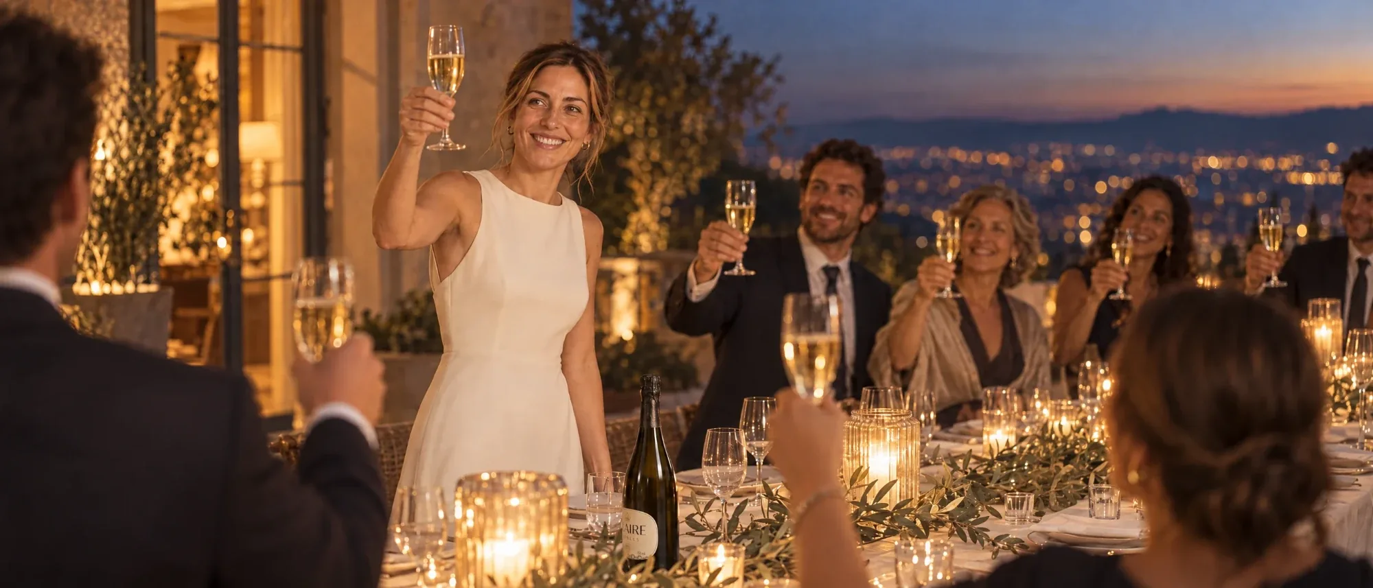 Elena, la novia, levanta su copa en una cena de boda en una terraza sobre Barcelona